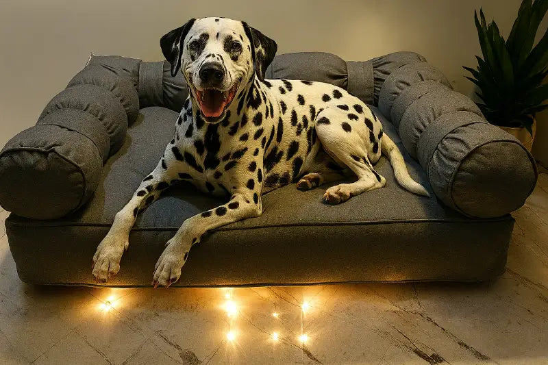 Dalmatian Sitting on the Black XLarge Orthopedic Dog Bed with Three Bolster Cushions